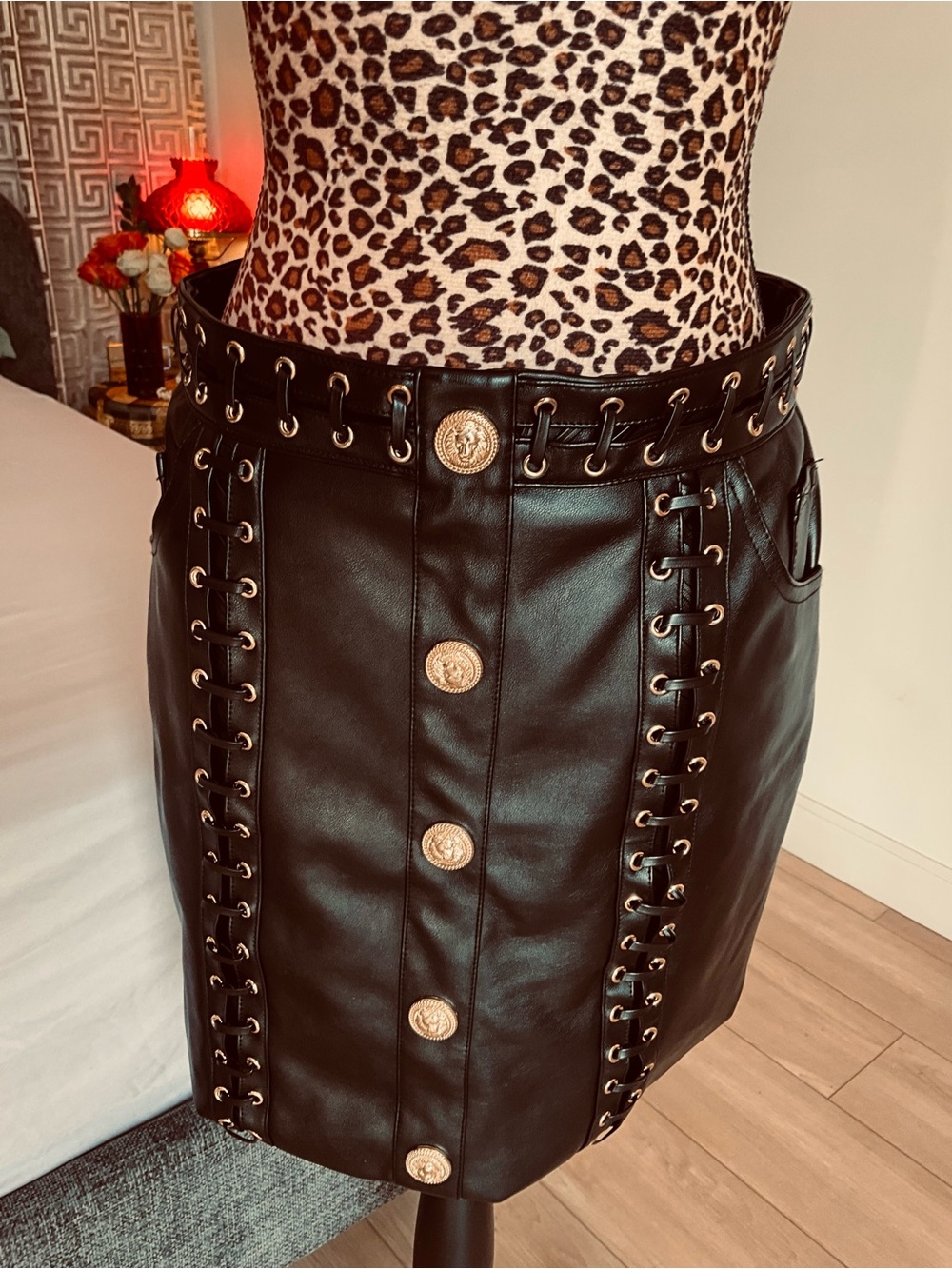Fashion Nova Luxe Black Faux Leather Mini Skirt with Big Gold Buttons - Picture 4 of 11